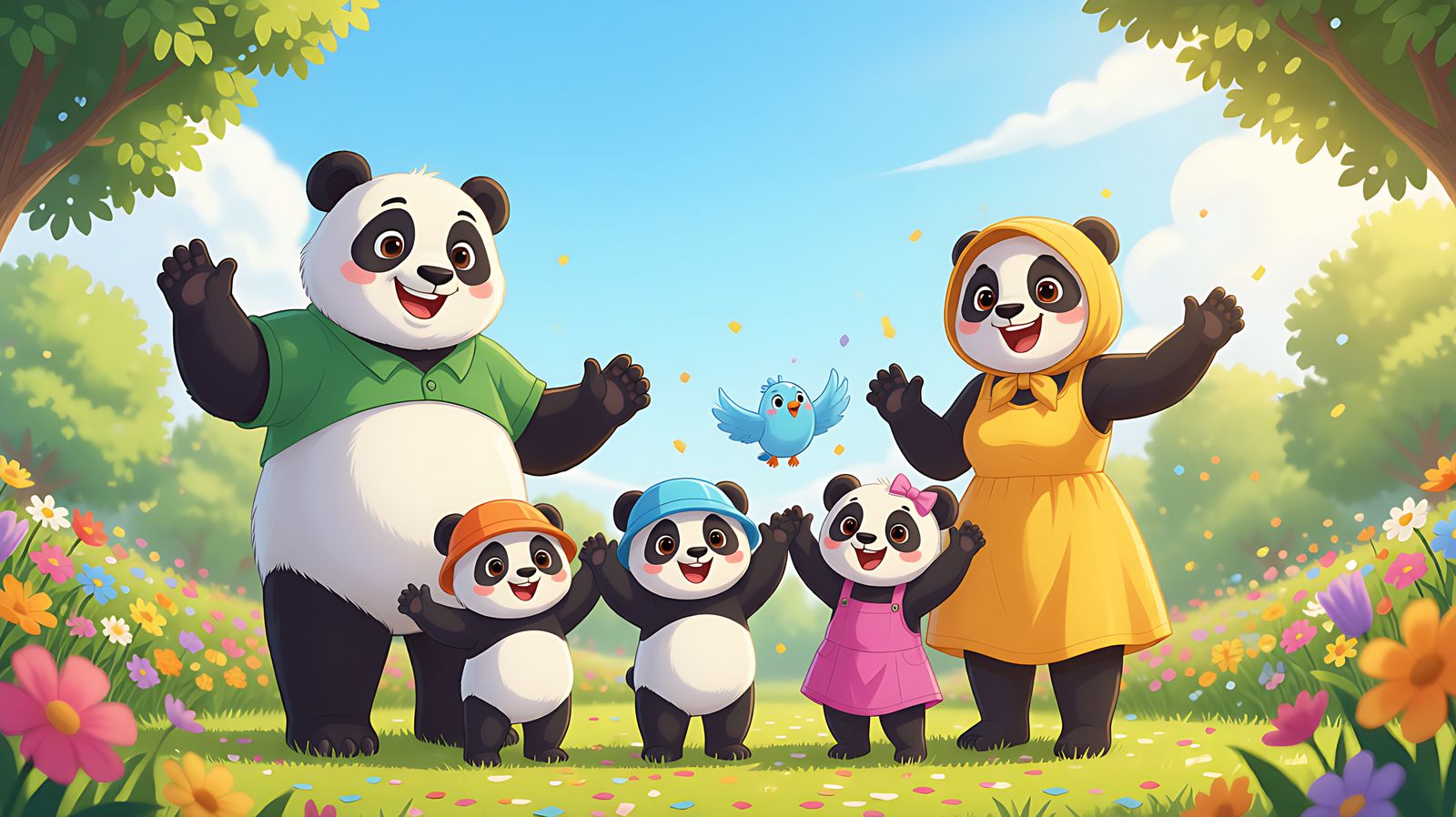 Papa, Maman, Nino, bébé Pompon, Lili et l'oiseau Pic, les bras levés dans un jardin fleuri