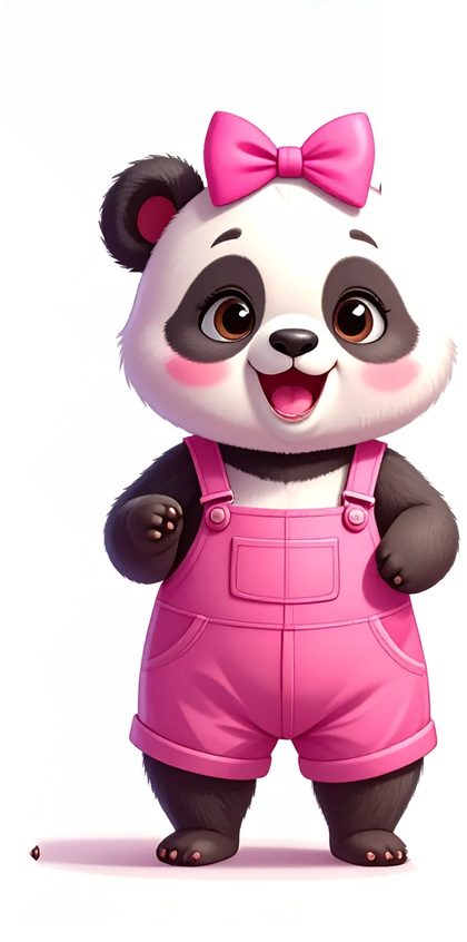 Lili, petite panda avec une salopette et un nœud rose