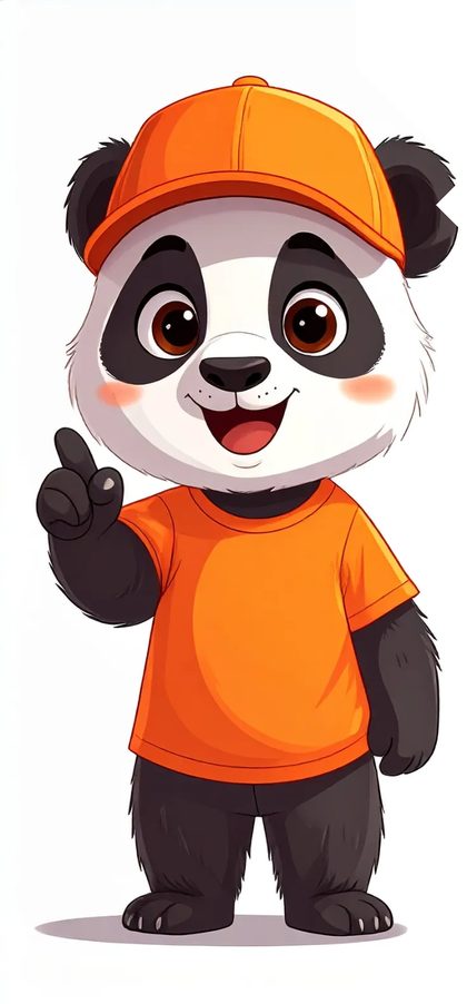 Nino, petit panda avec une casquette et un t-shirt orange